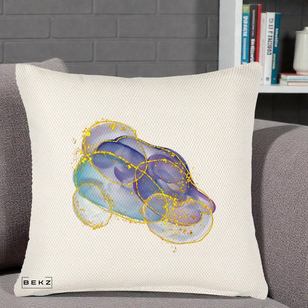 Perna Decorativa Abstract Acuarela Albastru-Mov cu Cercuri Aurii, 40x40 cm, Crem Reliefat, Husa Detasabila, Perna Inclusa, BEKZ®