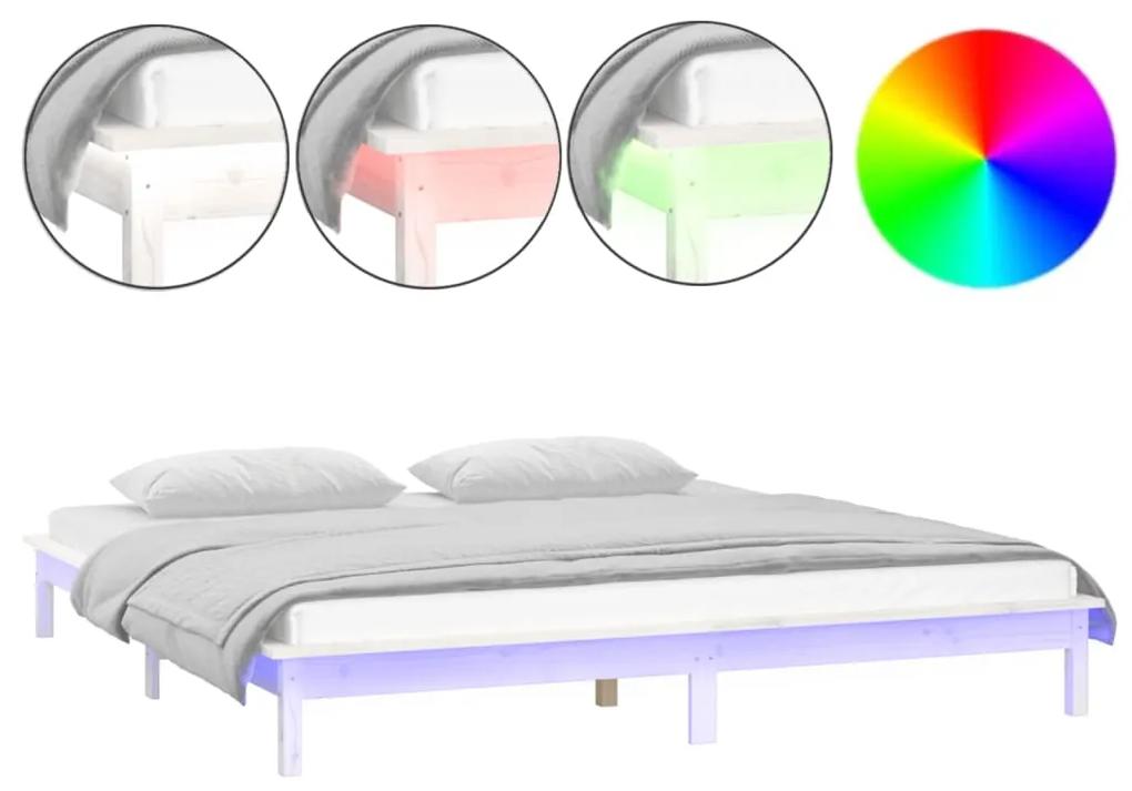 Cadru de pat cu LED, alb, 140x200 cm, lemn masiv Alb, 140 x 200 cm