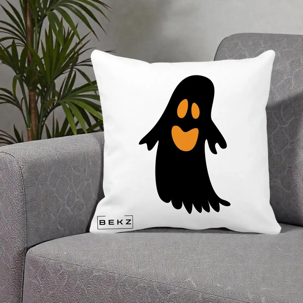 Perna Decorativa Halloween Fantoma Neagra cu Ochi Portocalii, 40x40 cm, Alba Mata, Husa Detasabila, Perna Inclusa, BEKZ®