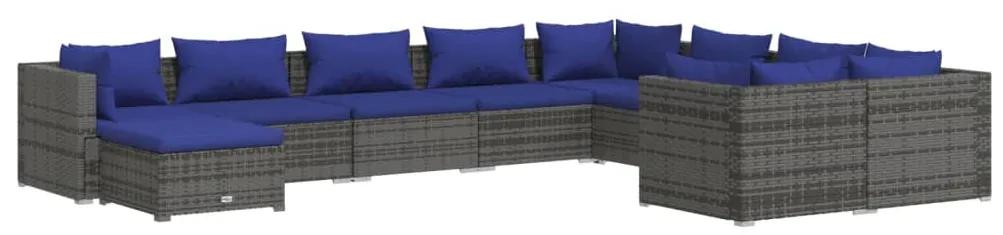 Set mobilier de gradina cu perne, 10 piese, gri, poliratan Gri si albastru, 4x colt + 5x mijloc + suport pentru picioare, 1