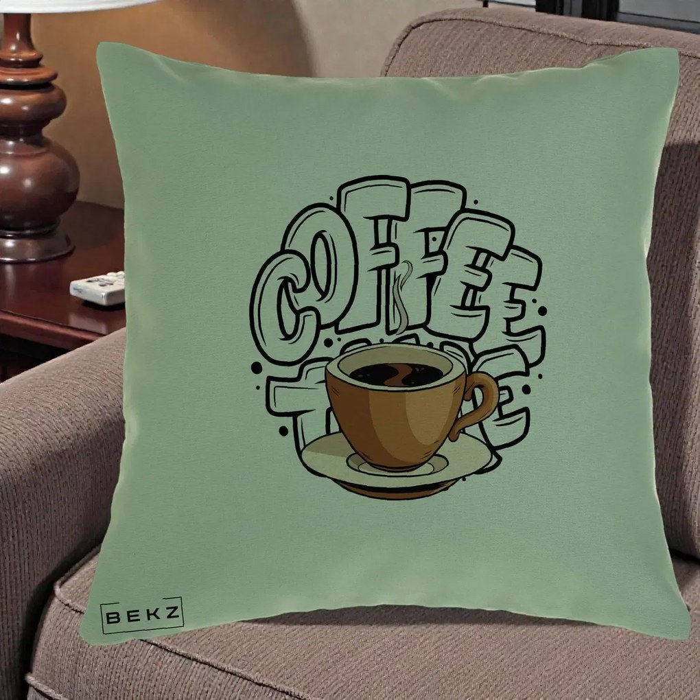 Perna Personalizata COFFEE cu Cana, 40x40 cm, Verde, Husa Detasabila, Perna Inclusa, BEKZ®
