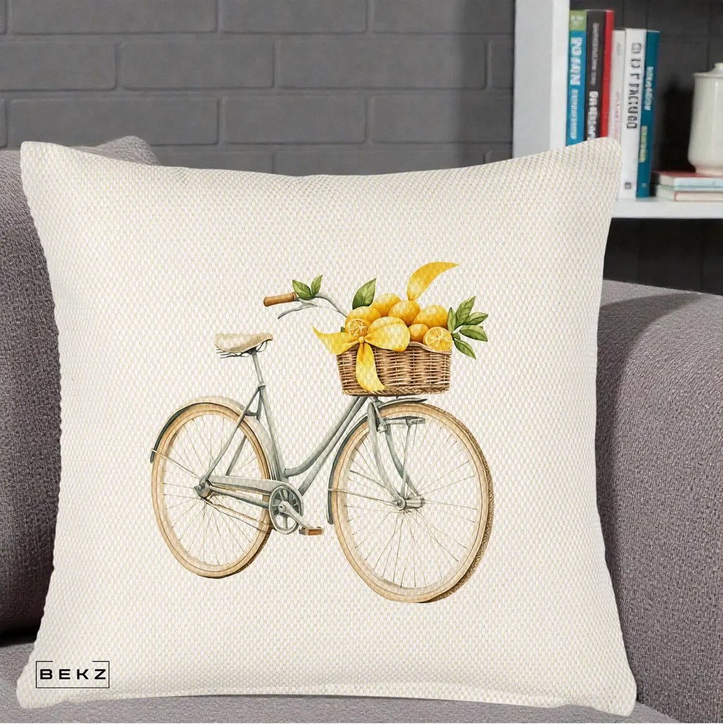 Perna Decorativa Bicicleta cu Cos de Lamai Mediteranean, 40x40 cm, Crem Reliefat, Husa Detasabila, Perna Inclusa, BEKZ®