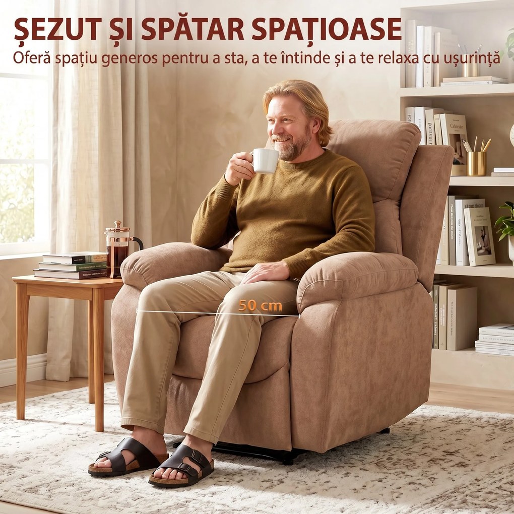 HOMCOM Fotoliu Reclinabil Manual cu Material cu Aspect de In, Suport pentru Picioare și Cotiere Căptușite, Maro Închis | Aosom Romania