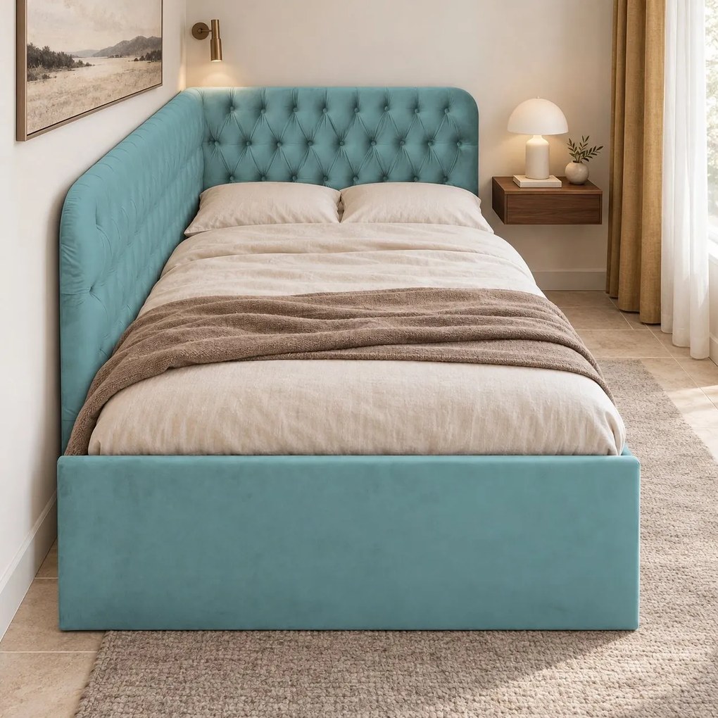Pat tapițat pentru copii din catifea Elyra 140×200 cm, verde marin, colț stânga, cu ladă de depozitare
