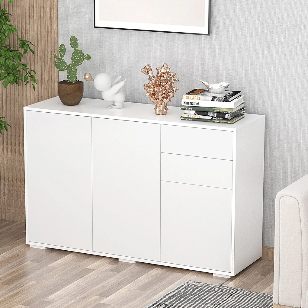 HOMCOM Bufet Comodă Antric, 2 Sertare, Push-Click, 117 cm x 36 cm x 74 cm, Alb | Aosom Romania