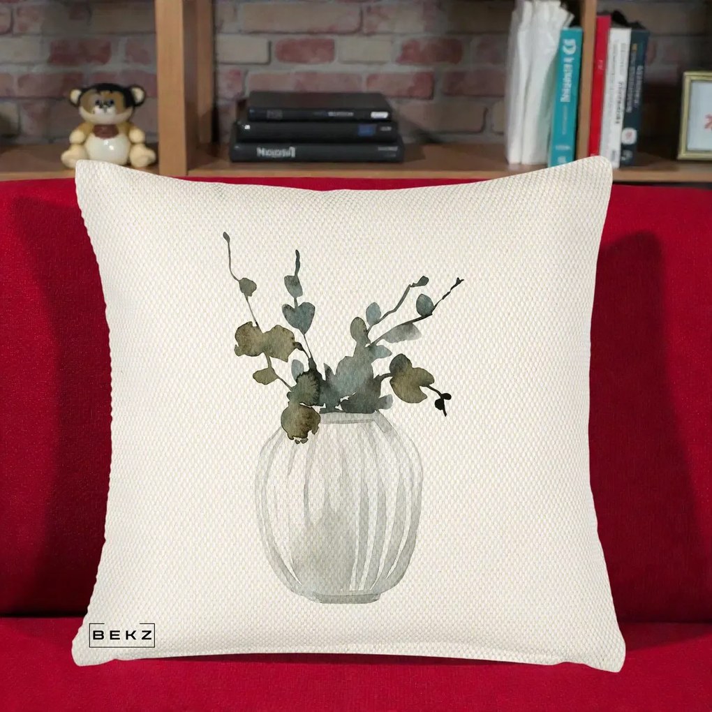 Perna Decorativa Vaza cu Eucalipt Watercolor, 40x40 cm, Crem Reliefat, Husa Detasabila, Perna Inclusa, BEKZ®