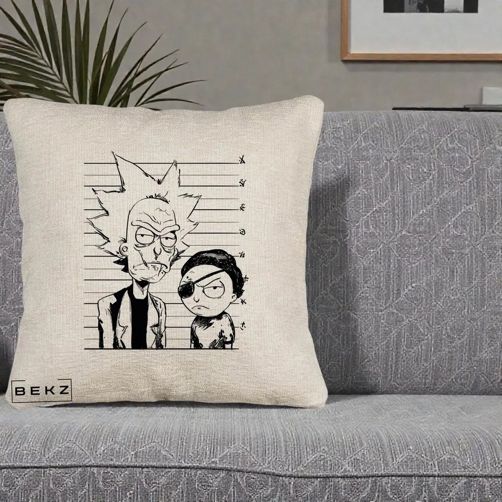 Perna Personalizata Rick si Morty Dosar, 40x40 cm, Bej Canapea, Husa Detasabila, Perna Inclusa, BEKZ®