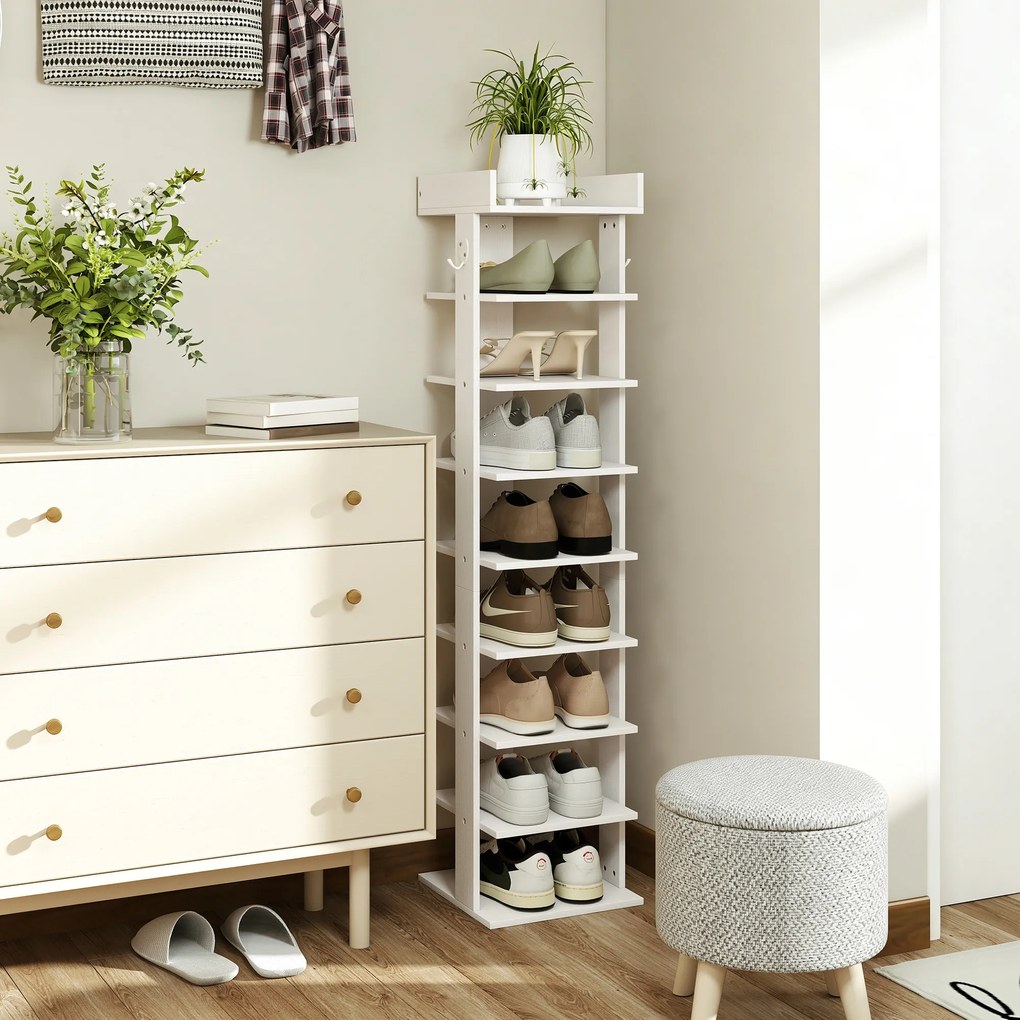 HOMCOM Pantofar 9 niveluri organizator din lemn pentru pantofi cu raft superior și 2 cârlige, pentru hol, Alb | Aosom Romania