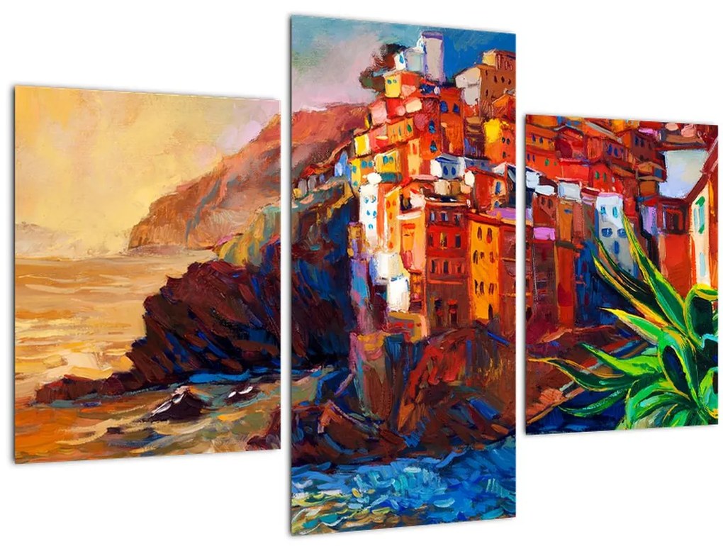 Tablou - Satul de coastă Cinque Terre, Riviera italiană, impresionismul modern (90x60 cm)