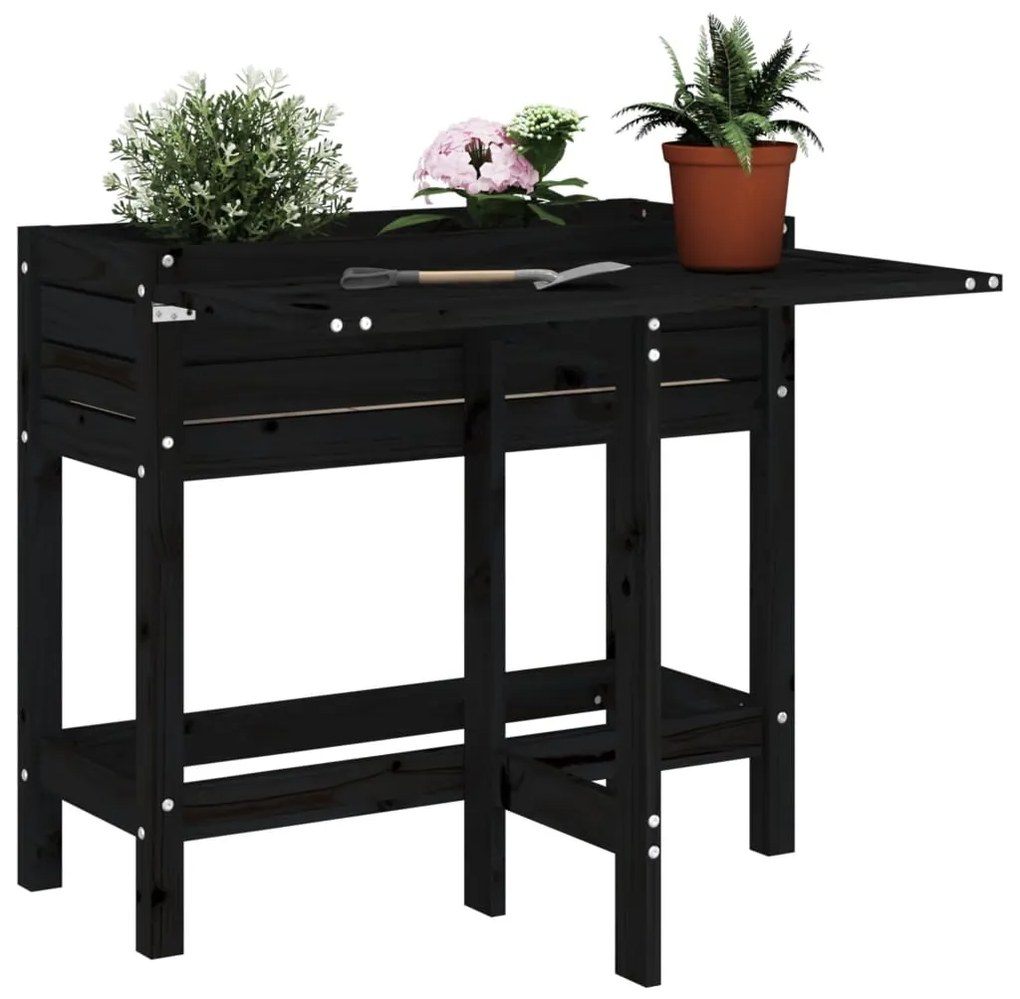 vidaXL Jardinieră de grădină cu blat pliabil negru lemn masiv pin