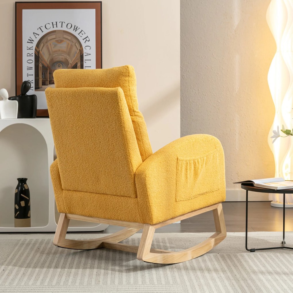 Scaun balansoar modern din material Teddy, cu șezut căptușit și buzunar lateral ascuns, pentru living și dormitor, 71x88x104,5 cm, Galben