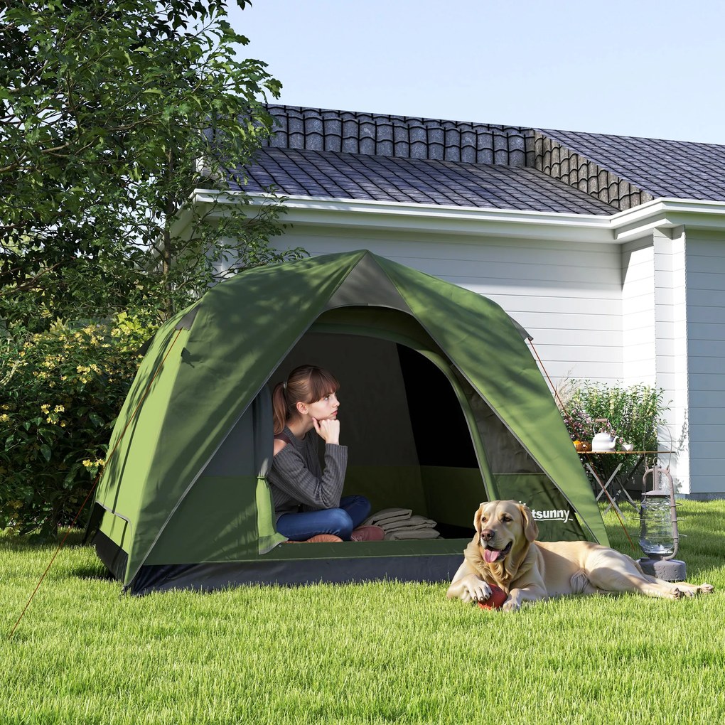 Outsunny Cort de Camping pentru 3 Persoane cu Buzunare și Geantă de Transport, 200x200x135 cm, Verde | Aosom Romania