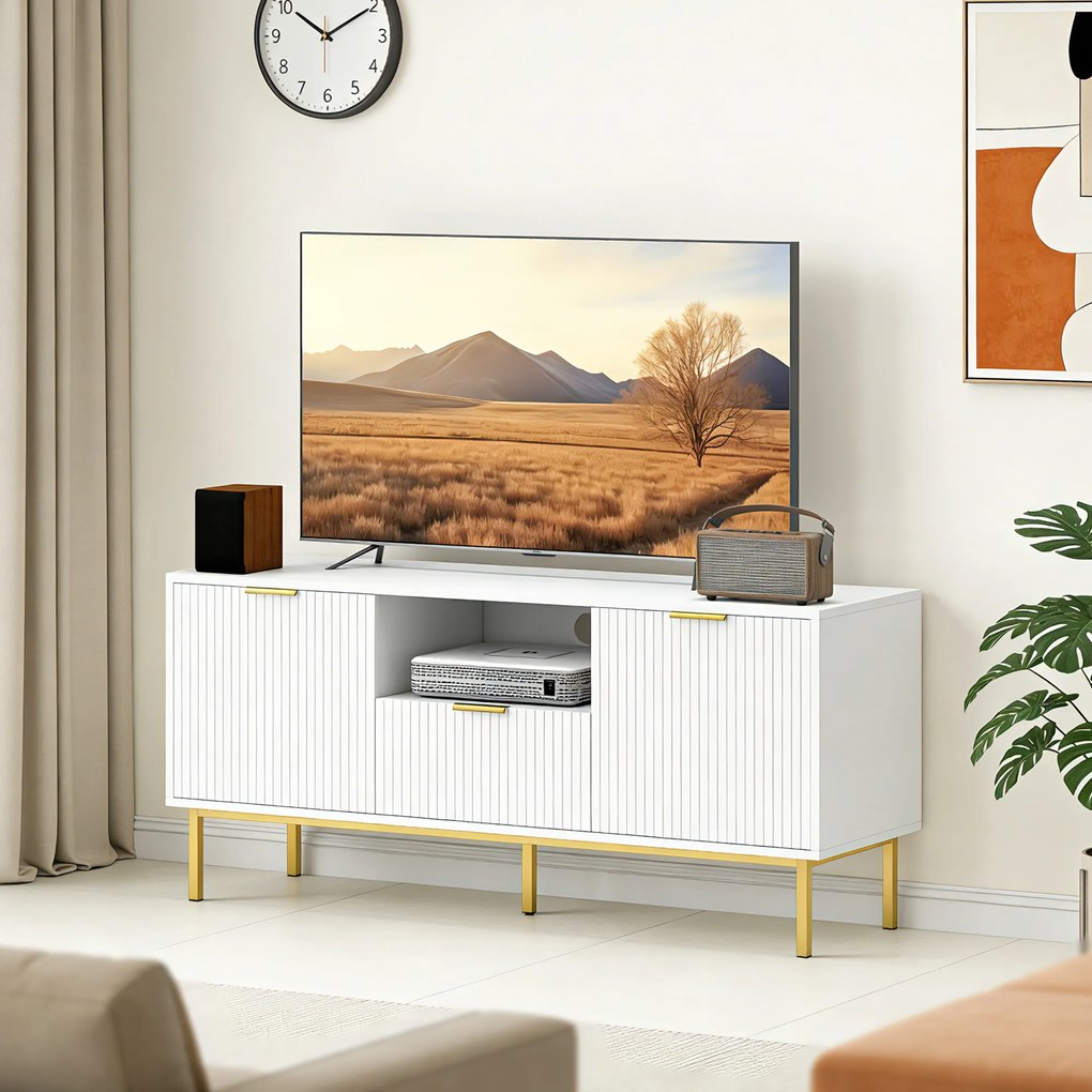 HOMCOM Comodă TV, mobilier TV pentru 127 cm cu 2 uși cu închidere silențioasă, sertar și compartiment deschis, 120x39x54cm, alb | Aosom Romania