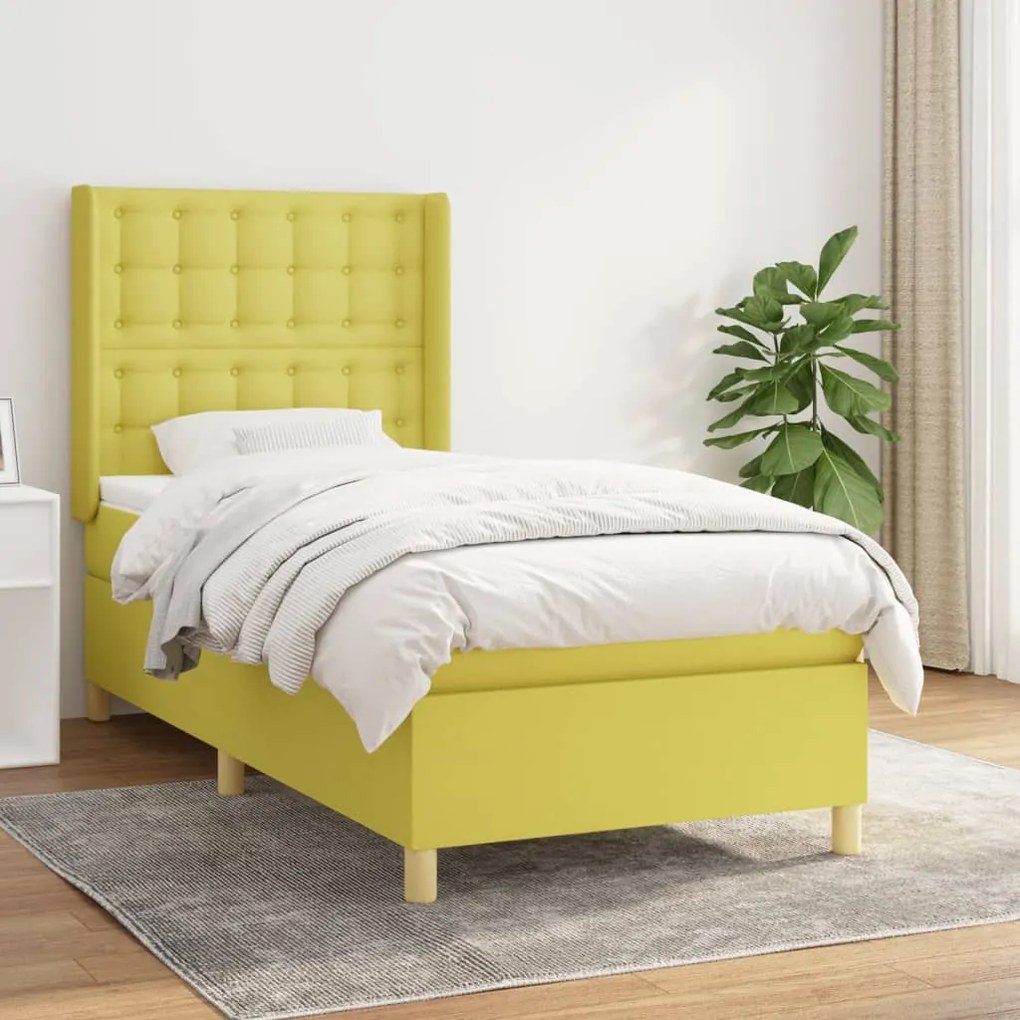 Pat box spring cu saltea, verde, 90x190 cm, textil Verde, 90 x 190 cm, Nasturi de tapiterie