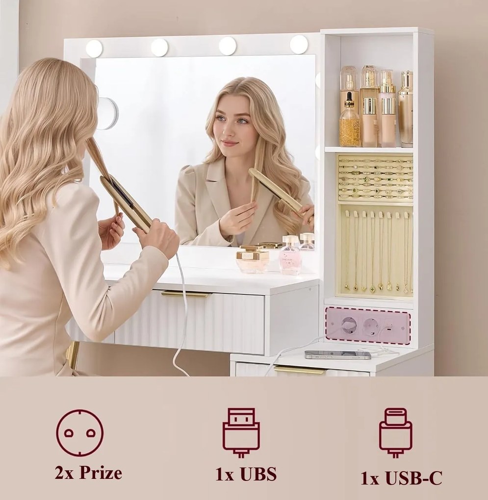 SEA823 - Set Masa toaleta 110 cm, 5 Sertare, Oglinda cu LED, Priza, USB si USB-C, masuta vanity cu Riflaje, make-up cu Organizator Bijuterii - Alb -