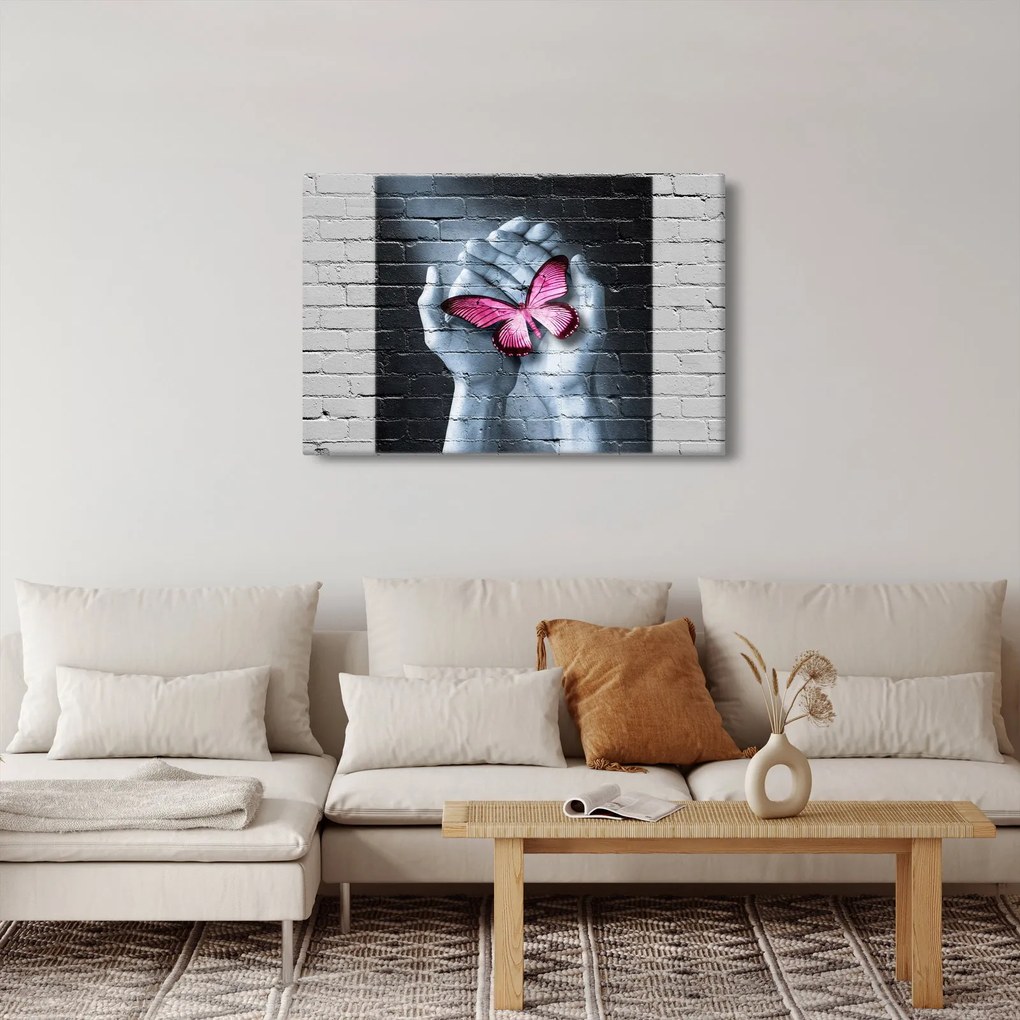 Tablou - Fluture roz în perete (90x60 cm)