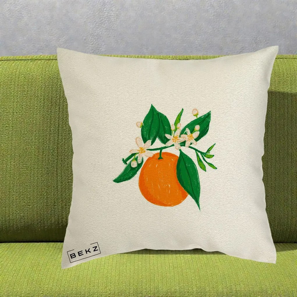 Perna Decorativa Portocala in Floare, 40x40 cm, Ecru, Husa Detasabila, Perna Inclusa, BEKZ®