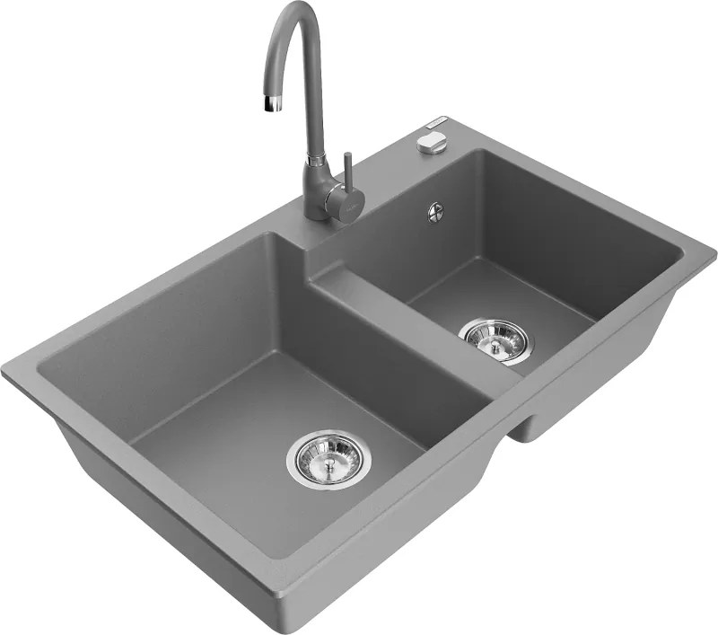 Mexen Tomas chiuvetă de bucătărie din granit cu 2 compartimente cu baterie Telma, gri - 6516-71-670200-71