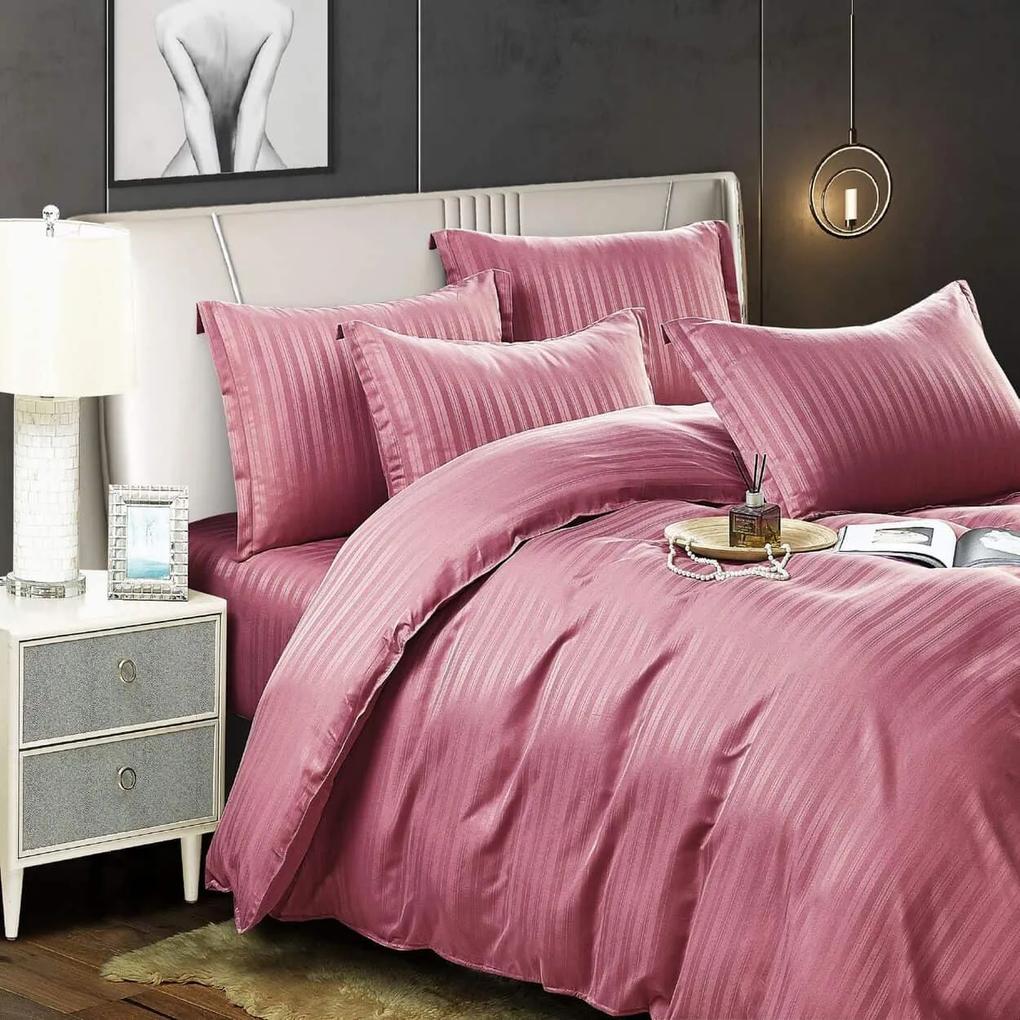 Lenjerie de pat, damasc, roz, 6 piese, pat 2 persoane, Jo-Jo, DM-065