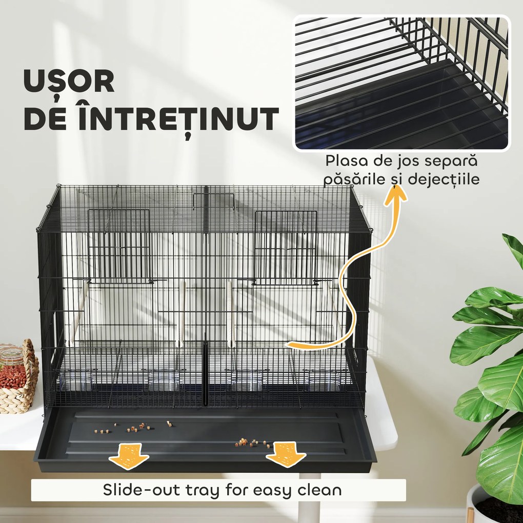 PawHut Colivie pentru Păsări cu Separator, Raft Inferior, 4 Stinghii și 4 Hrănitoare, 94x57x57 cm, Negru | Aosom Romania