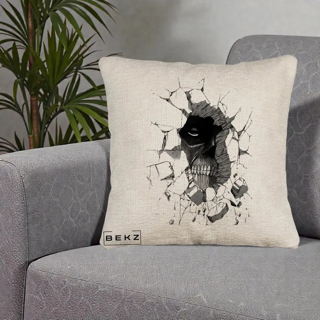 Perna Personalizata Attack on Titan Titan Crapand Zidul, 40x40 cm, Bej Canapea, Husa Detasabila, Perna Inclusa, BEKZ®