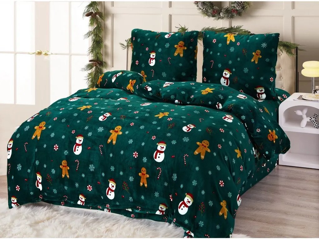 Lenjerie de pat din microplus SNOWMAN AND GINGERBREAK verde + cearsaf din microplus SOFT 90x200 cm negru