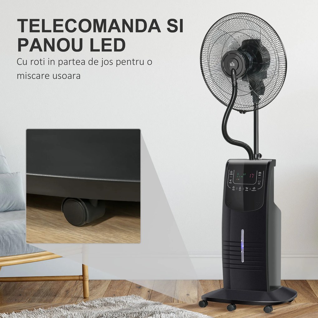 HOMCOM Ventilator Nebulizator cu Apă, Telecomandă, 3 Viteze, Oscilație, Temporizator, Ф44.5x135cm, Negru | Aosom Romania