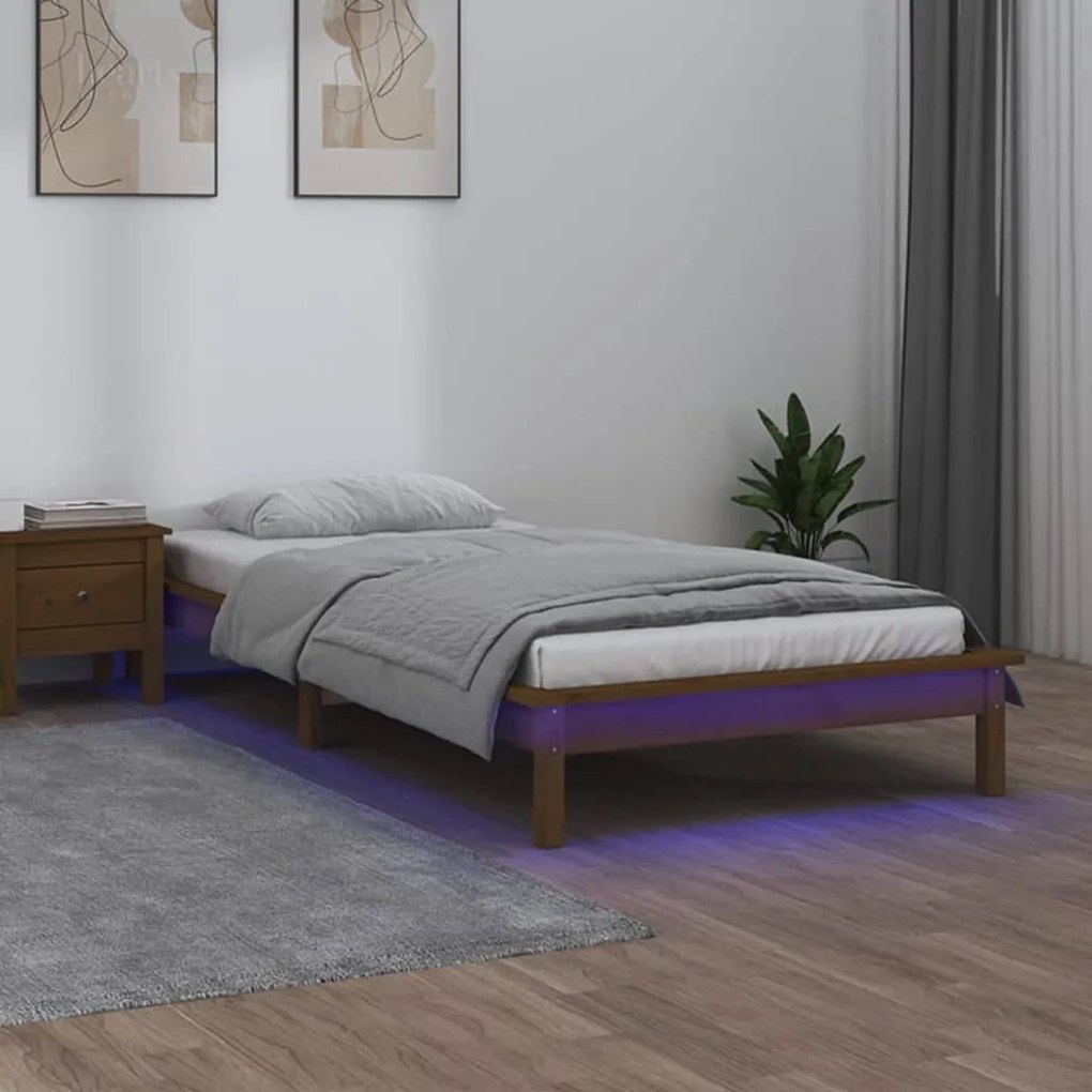 820639 vidaXL Cadru de pat LED Single 3FT, maro miere, 90x190 cm, lemn masiv
