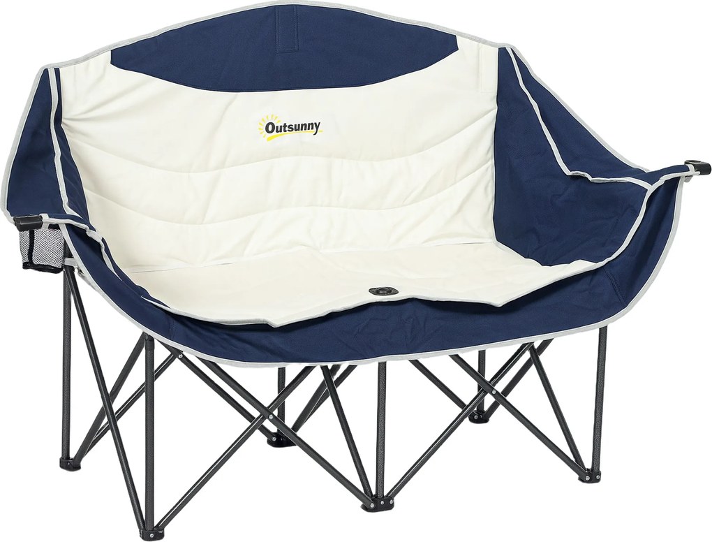 Outsunny Scaun pliant pliabil 2 locuri Scaun camping cu suport pentru băuturi Geantă de transport până la 250 kg Albastru | Aosom Romania