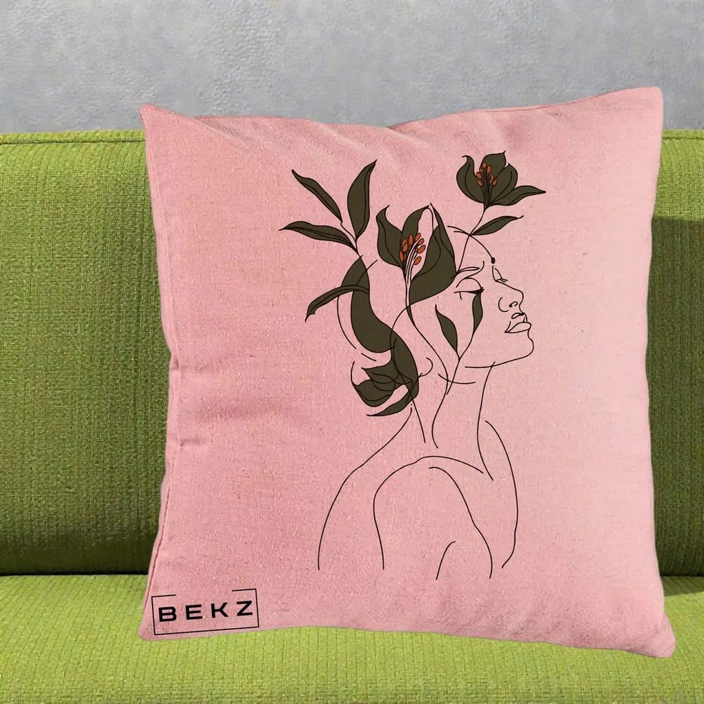 Perna Decorativa Portret Feminin Crin Verde, 40x40 cm, Roz, Husa Detasabila, Perna Inclusa, BEKZ®