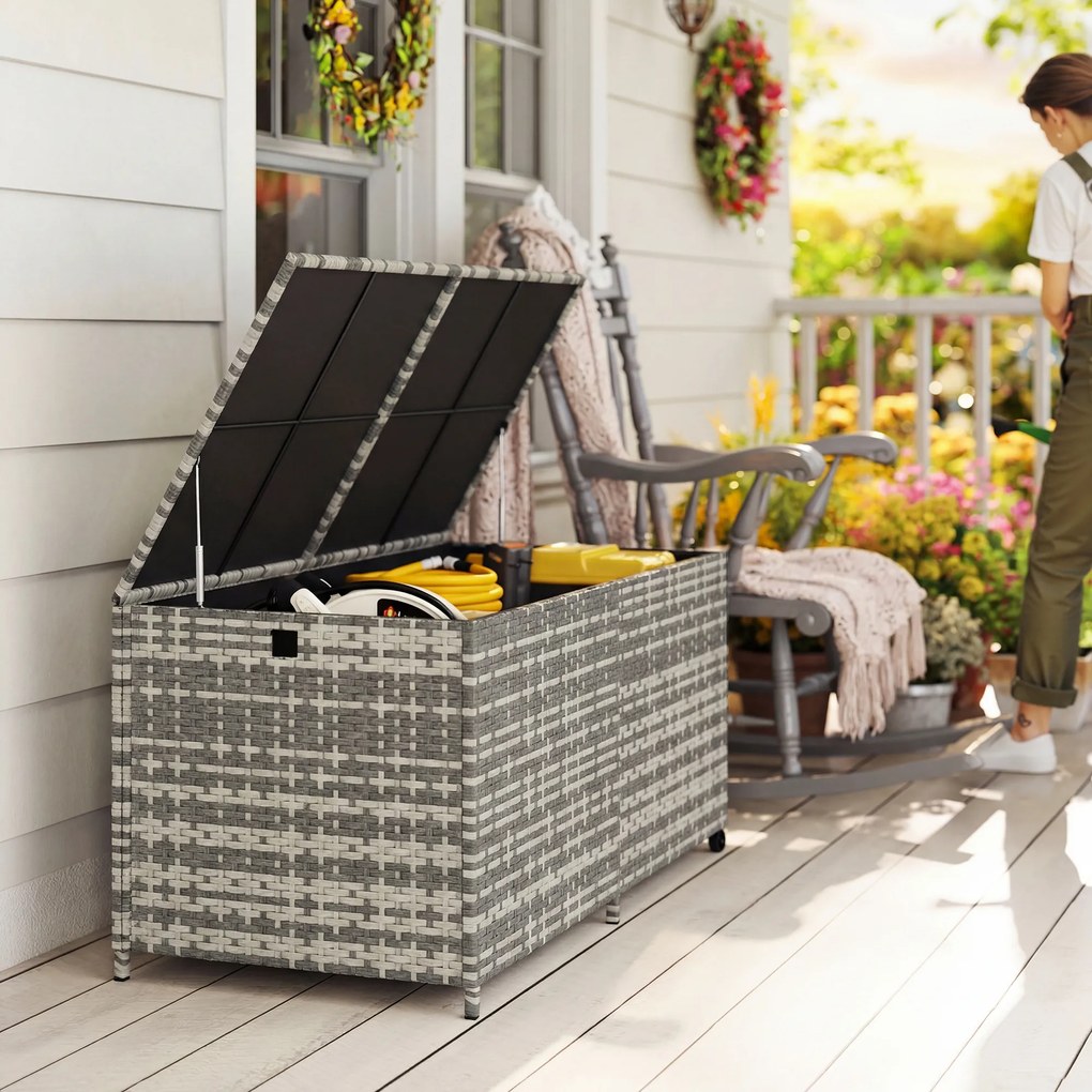 Outsunny Cufăr de grădină din rășină împletită, cufăr de depozitare exterior 650 L impermeabil cu căptușeală cu fermoar | Aosom Romania