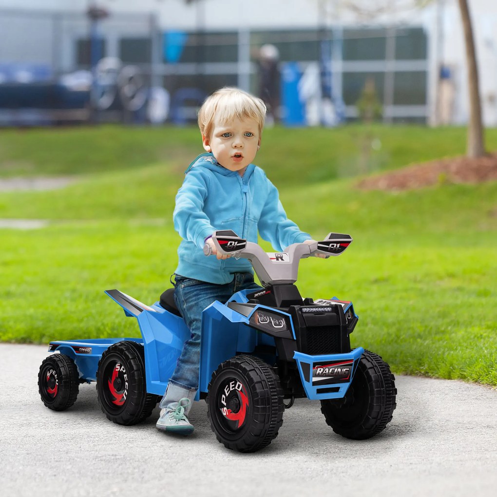 HOMCOM Quad pentru copii, reîncărcabil, 2,5 km/h, cu remorcă, 50 min. autonomie, pentru copii de la 1,5 la 3 ani, Albastru | Aosom Romania