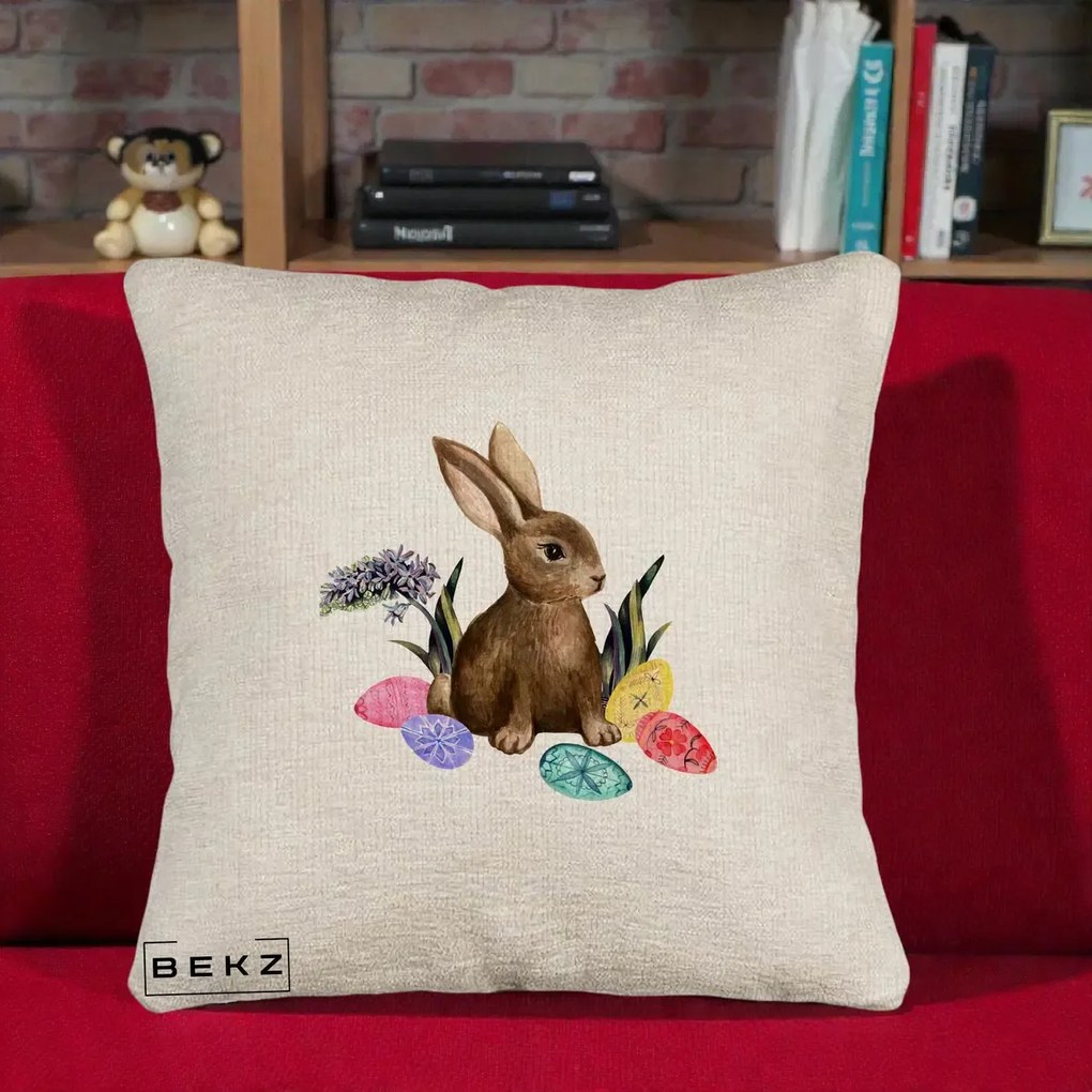 Perna Decorativa Iepuras cu Oua de Pasti Acuarela, 40x40 cm, Bej Canapea, Husa Detasabila, Perna Inclusa, BEKZ®