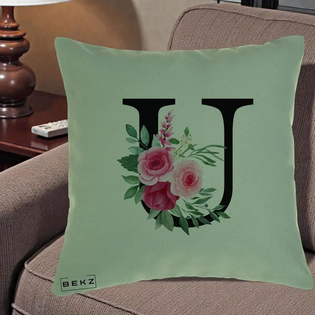 Cadou Personalizat - Perna Personalizata Monograma Florala Litera U, 40x40 cm, Verde, Husa Detasabila, Perna Inclusa, BEKZ®