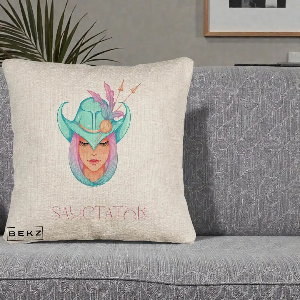 Perna Personalizata Zodiac Sagetator Cowgirl, 40x40 cm, Bej Canapea, Husa Detasabila, Perna Inclusa, BEKZ®