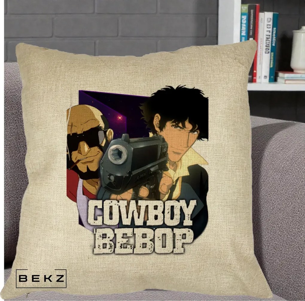 Perna Personalizata Cowboy Bebop Spike si Jet Poster, 40x40 cm, Crem, Husa Detasabila, Perna Inclusa, BEKZ®