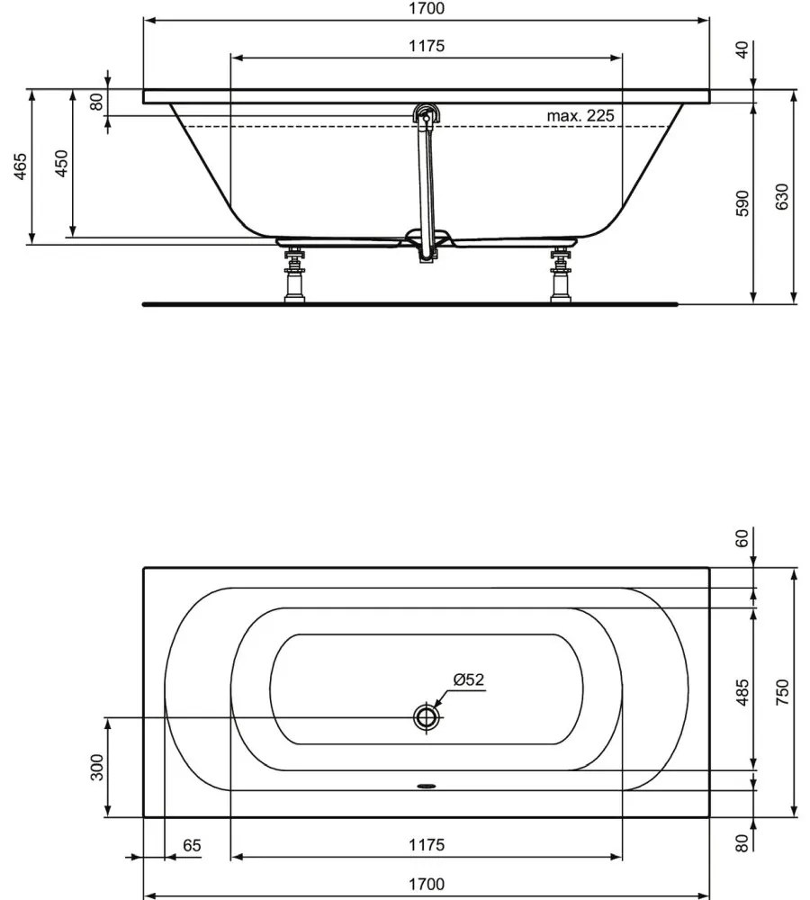 Cada baie incastrata Ideal Standard Hotline New, dreptunghiulara, 170x75 cm 1700x750 mm