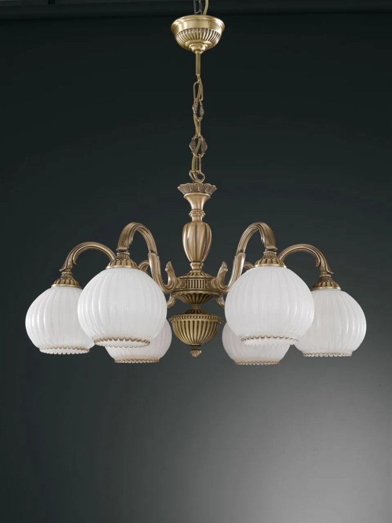 Candelabru cu 6 brate clasic design italian din alama, sticla 9200 RA-L. 9200/6