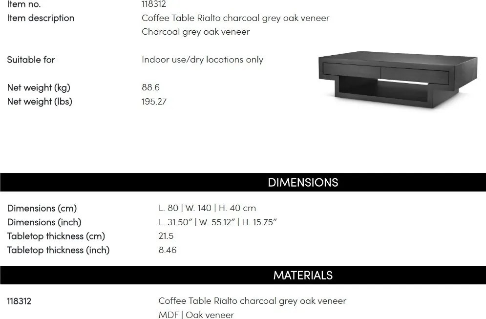 Masuta LUX stil avangardist Rialto, gri carbune