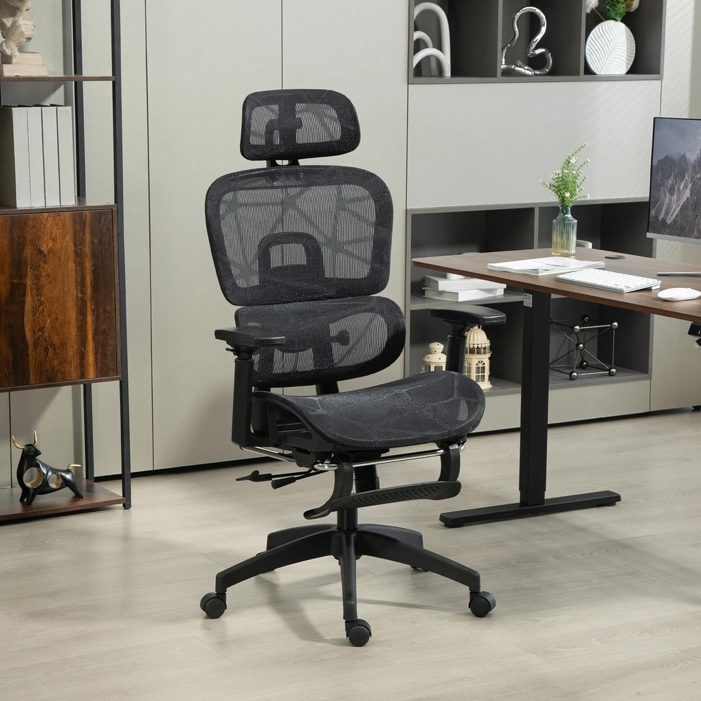 HOMCOM Scaun de birou, scaun de birou ergonomic din plasă cu brațe 3D, spătar inclinabil, 66x64x122 cm, negru | Aosom Romania