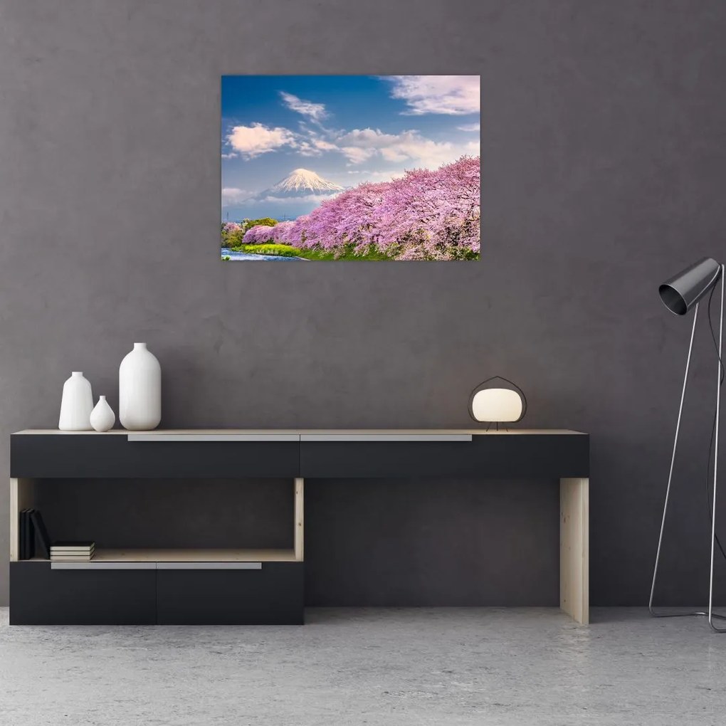 Tablou pe sticlă - Peisaj de primăvară japonez (70x50 cm)