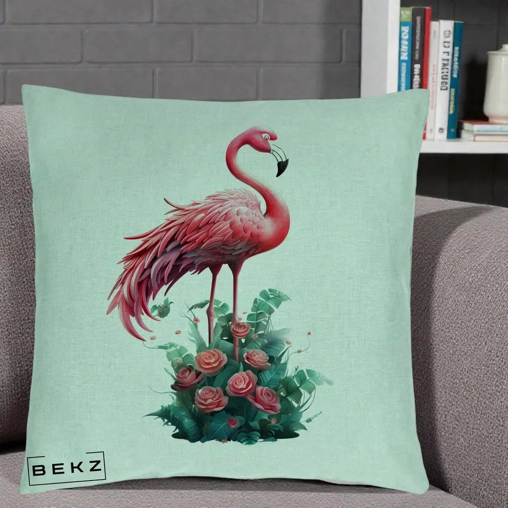 Perna Decorativa Flamingo cu Trandafiri Tropicali, 40x40 cm, Verde Menta, Husa Detasabila, Perna Inclusa, BEKZ®