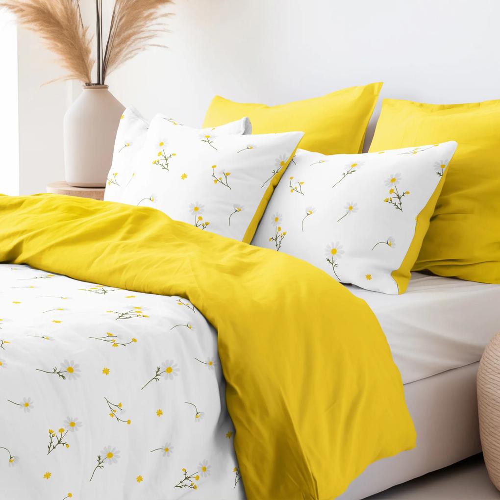 Goldea lenjerie de pat din 100% bumbac duo - mușețel cu galben 200 x 200 și 2buc 50 x 70 cm (din două bucăți, cusătură pe mijloc)