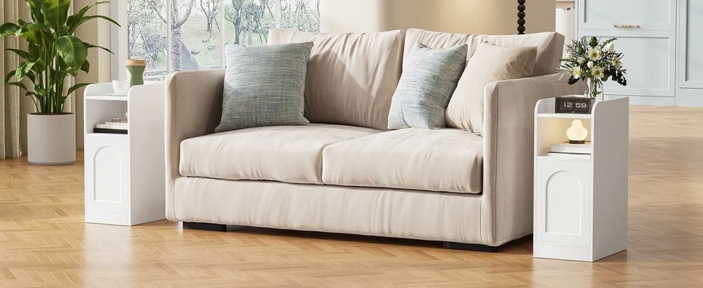 NOA78 - Set 2 Noptiere, 24 cm, foarte inguste, cu Raft si Dulapior - Alb