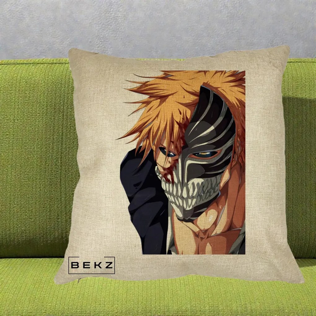 Perna Personalizata Bleach Ichigo Masca Hollow, 40x40 cm, Crem, Husa Detasabila, Perna Inclusa, BEKZ®