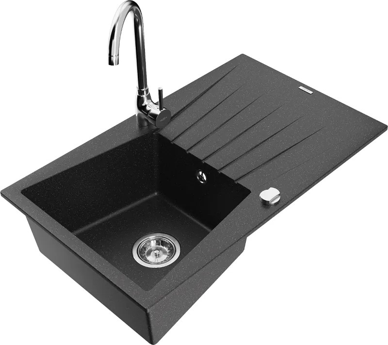 Mexen Cesar chiuvetă de granit cu 1 cuvă cu scurgător și baterie de bucătărie Telma, negru/argintiu - 6514-73-670200-00