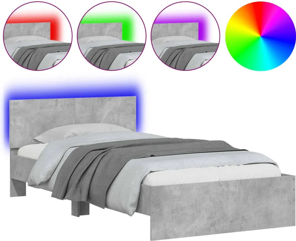 vidaXL Cadru de pat cu tăblie și lumini LED, gri beton, 100x200 cm