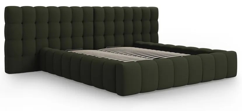 Pat matrimonial verde tapițat cu spațiu de depozitare cu somieră 160x200 cm Mamaia – Micadoni Home