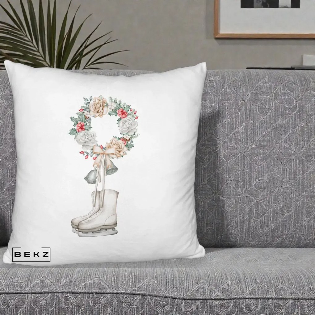 Perna Decorativa Patine cu Coroana Florala de Craciun, 40x40 cm, Alb Pufos, Husa Detasabila, Perna Inclusa, BEKZ®