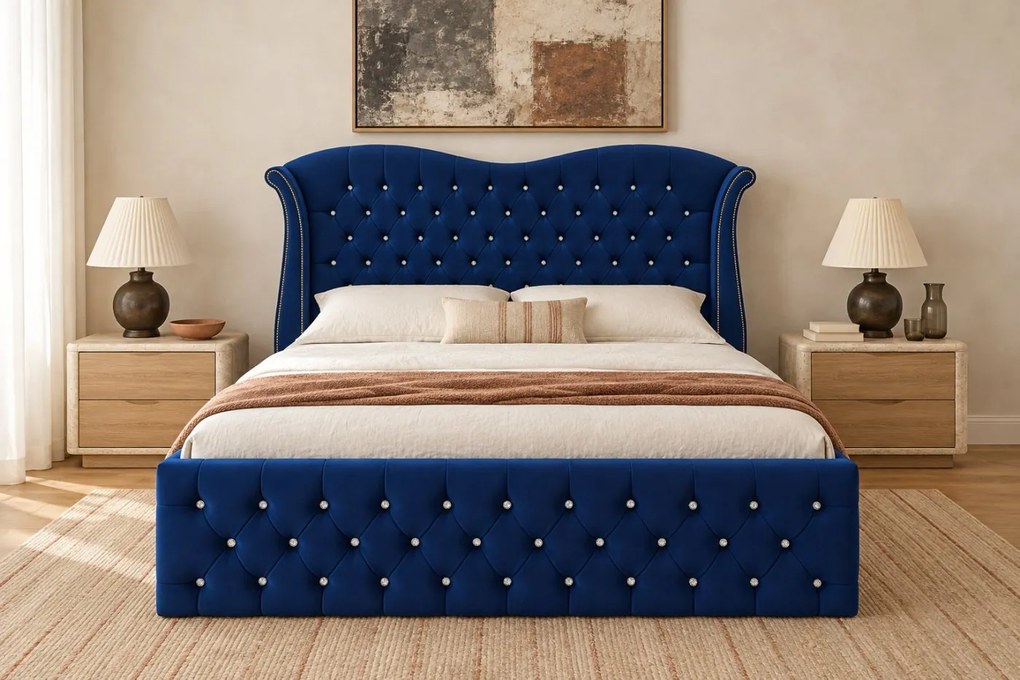 Pat tapițat Chesterfield Avella 180×200 cm, bleumarin, cu ladă de depozitare